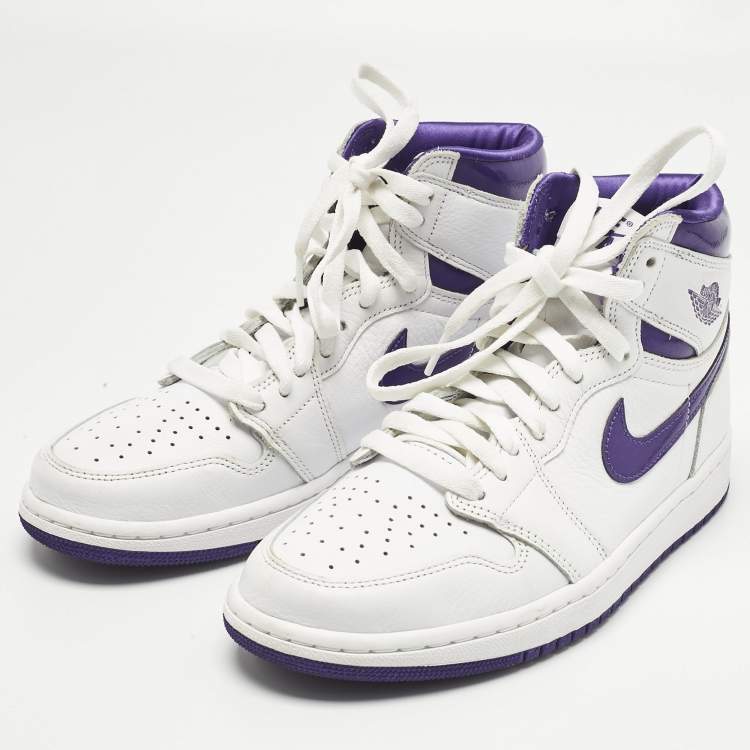 Pre Owned Air Jordans White/Purple Leather Air Jordan 1 High Top Sneakers Size 38.5