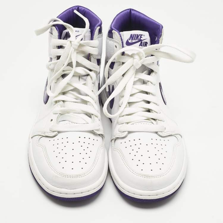 Pre Owned Air Jordans White/Purple Leather Air Jordan 1 High Top Sneakers Size 38.5