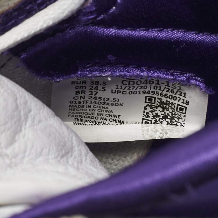 Pre Owned Air Jordans White/Purple Leather Air Jordan 1 High Top Sneakers Size 38.5