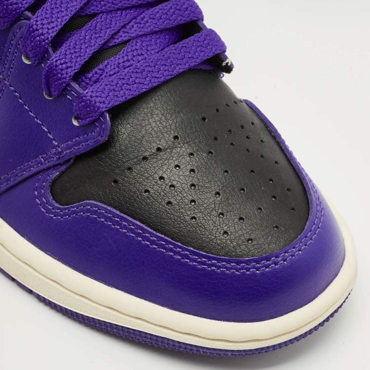 Pre Owned Air Jordans Purple/Black Leather Jordan 1 Mid Sneakers Size 36.5