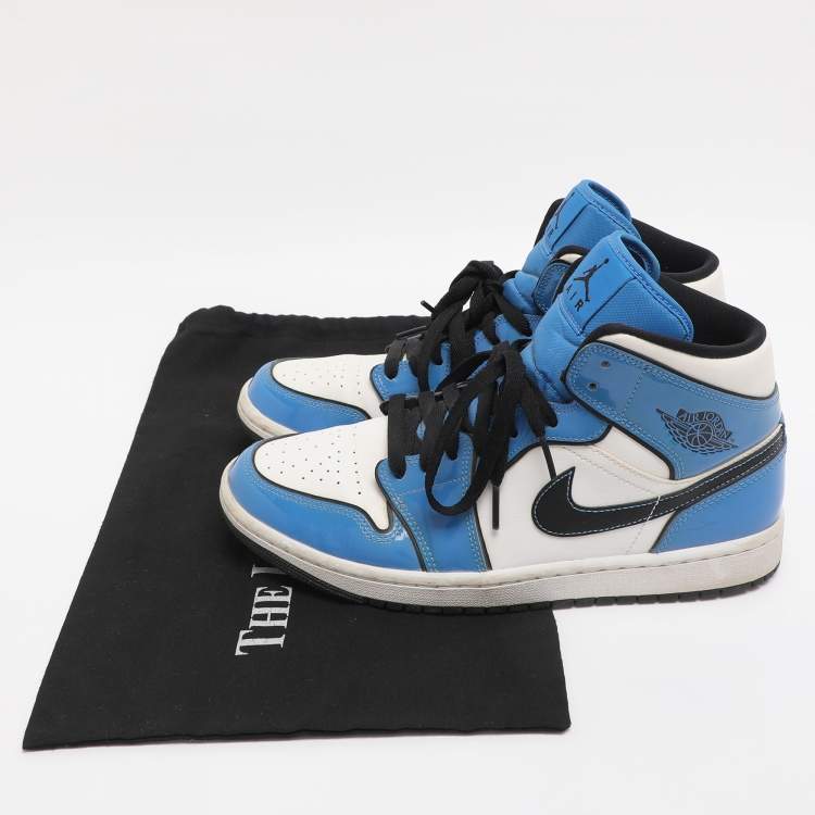 Pre Owned Air Jordans Tricolor Patent and Leather Air Jordan 1 Mid Signal Blue Sneakers Size 41