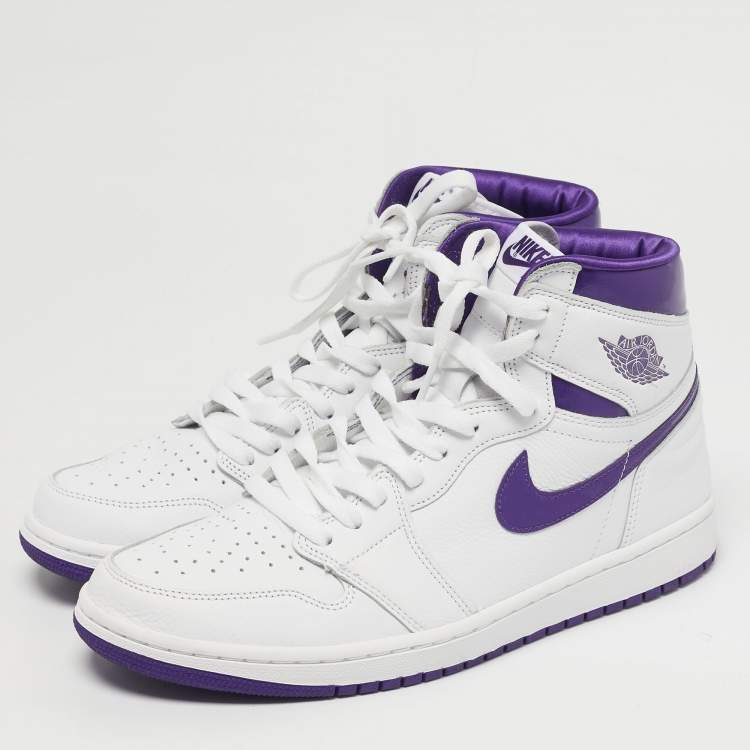 Pre Owned Air Jordans Jordan 1 Retro Court Purple Size 44.5 White/Purple Leather High Top Sneakers
