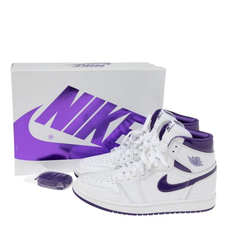 Pre Owned Air Jordan White/Purple Leather Retro High Court Sneakers Size 39
