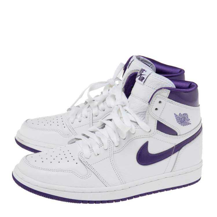 Pre Owned Air Jordan White/Purple Leather Retro High Court Sneakers Size 39