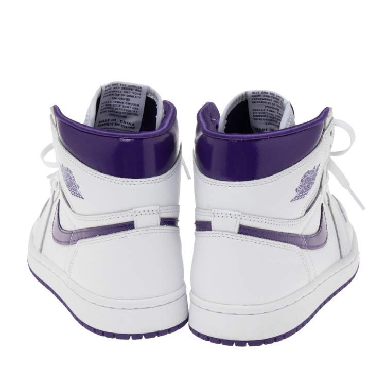 Pre Owned Air Jordan White/Purple Leather Retro High Court Sneakers Size 39