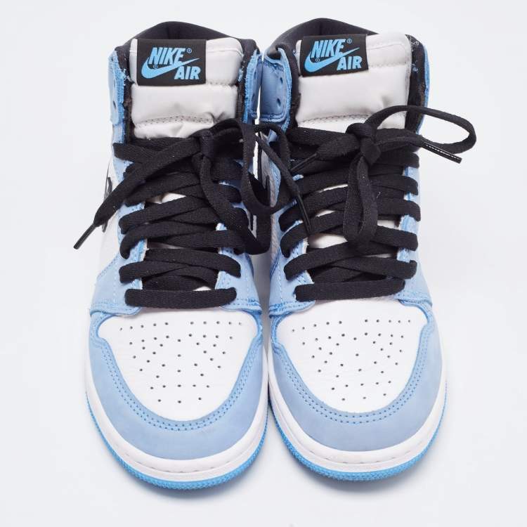 Pre Owned Air Jordans Blue/White Leather and Nubuck Air Jordan 1 High Top  Sneakers Size 37.5