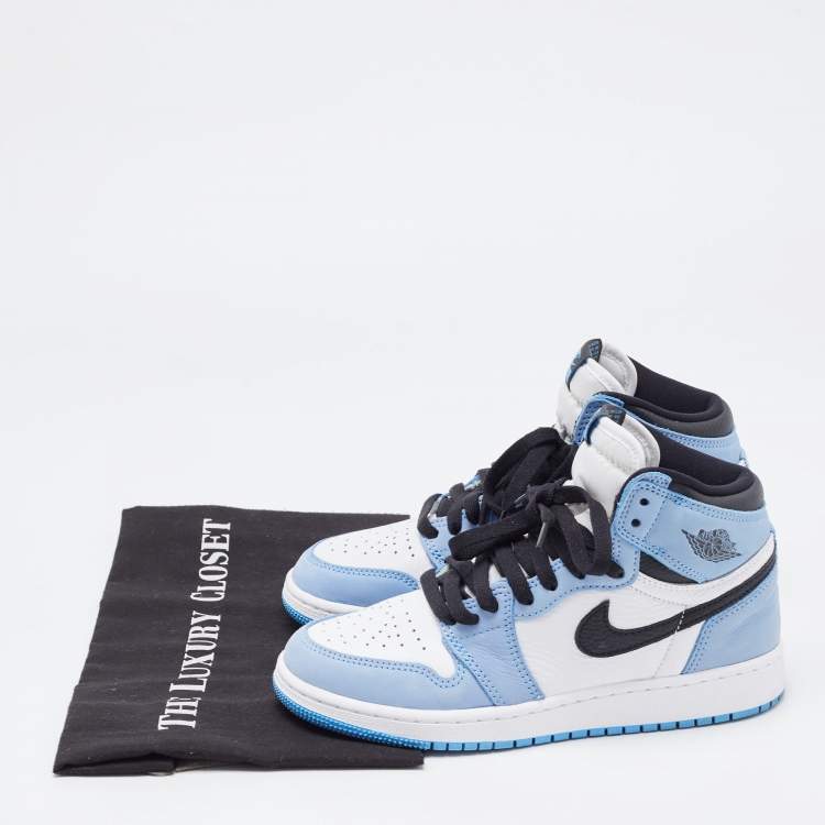 Pre Owned Air Jordans Blue/White Leather and Nubuck Air Jordan 1 High Top  Sneakers Size 37.5
