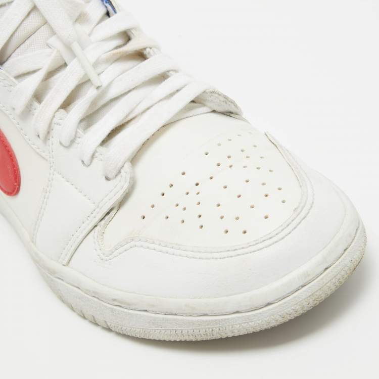 Pre Owned Air Jordans Tricolor Leather Air Jordan 1 Mid White Blue Red Sneakers Size 37.5