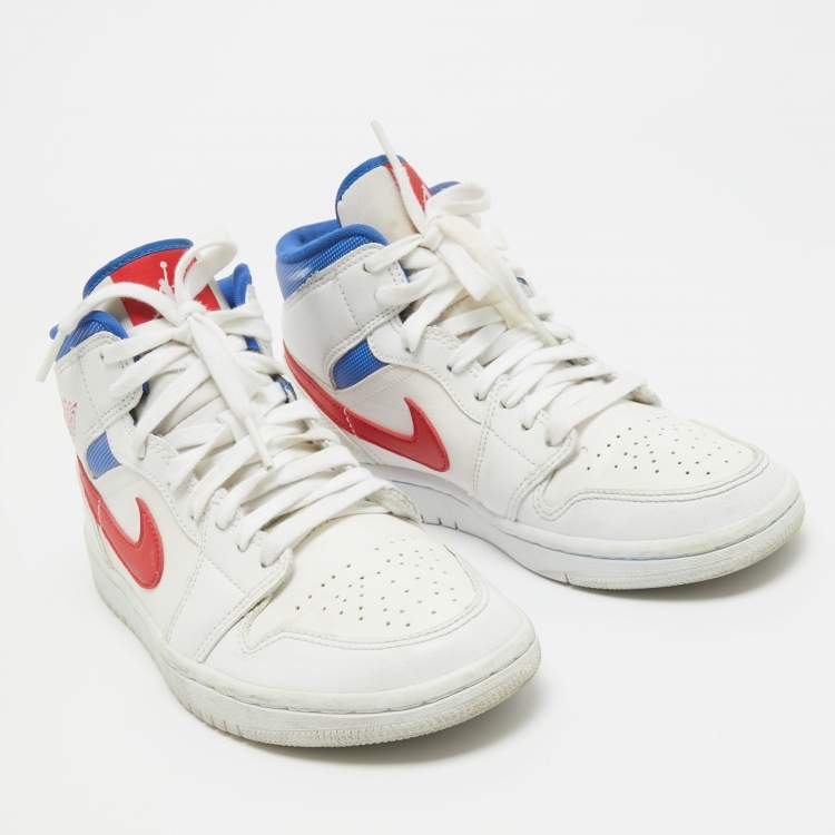 Pre Owned Air Jordans Tricolor Leather Air Jordan 1 Mid White Blue Red Sneakers Size 37.5