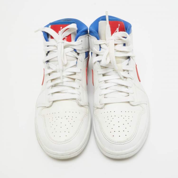 Pre Owned Air Jordans Tricolor Leather Air Jordan 1 Mid White Blue Red Sneakers Size 37.5