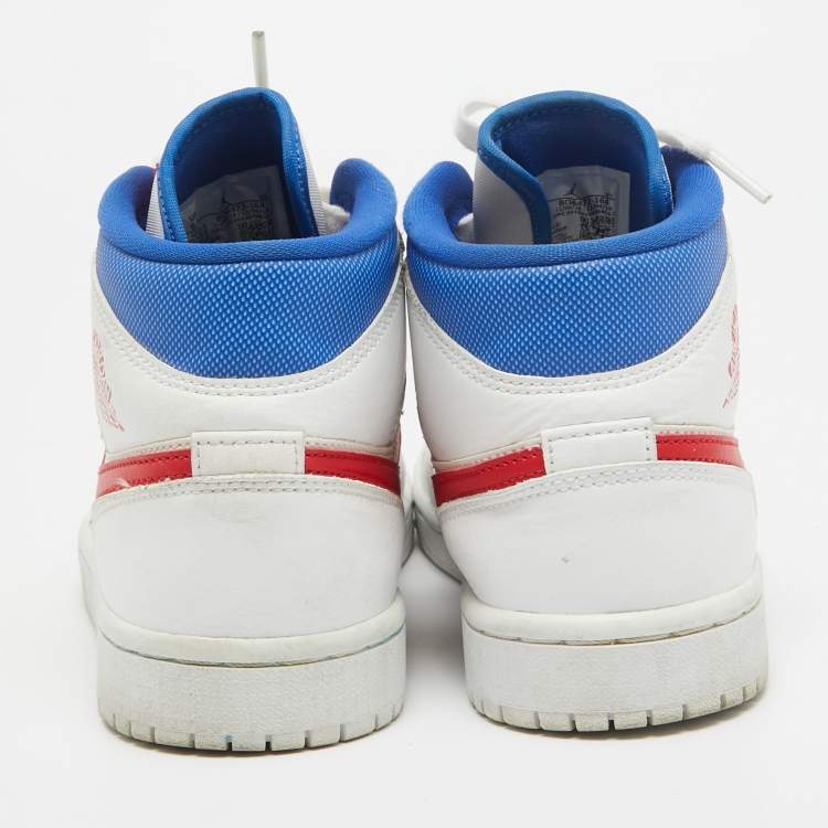 Pre Owned Air Jordans Tricolor Leather Air Jordan 1 Mid White Blue Red Sneakers Size 37.5