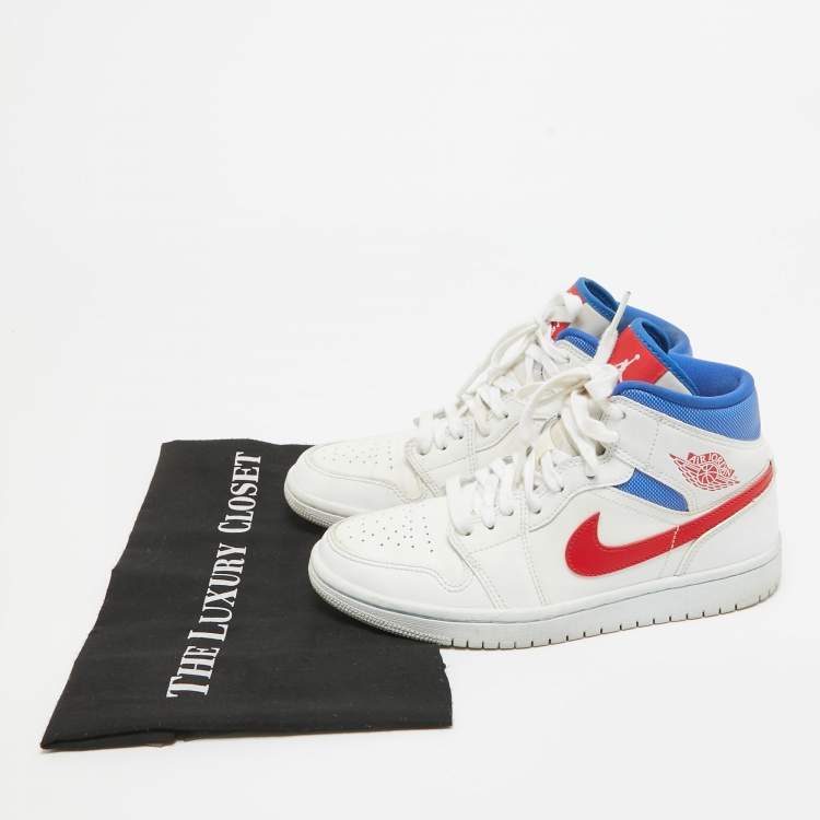 Pre Owned Air Jordans Tricolor Leather Air Jordan 1 Mid White Blue Red Sneakers Size 37.5