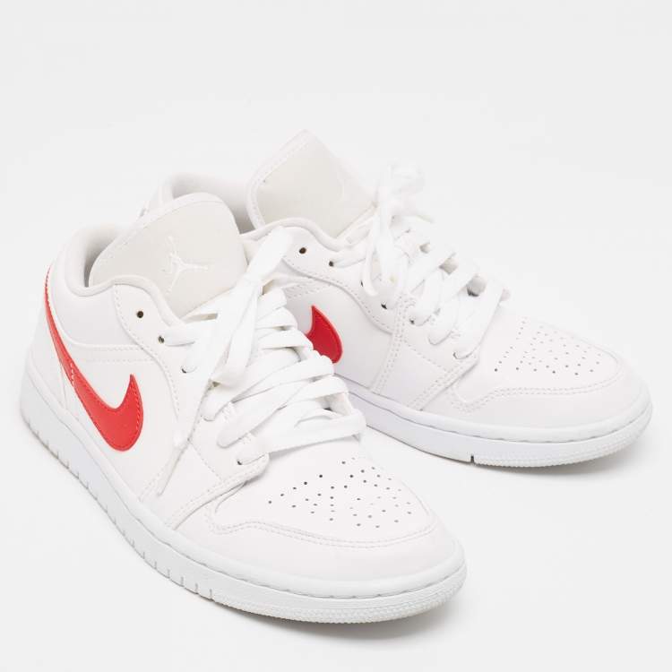 Pre Owned Air Jordans White/Red Leather Air Jordan 1 White Red Sneakers Size 37.5