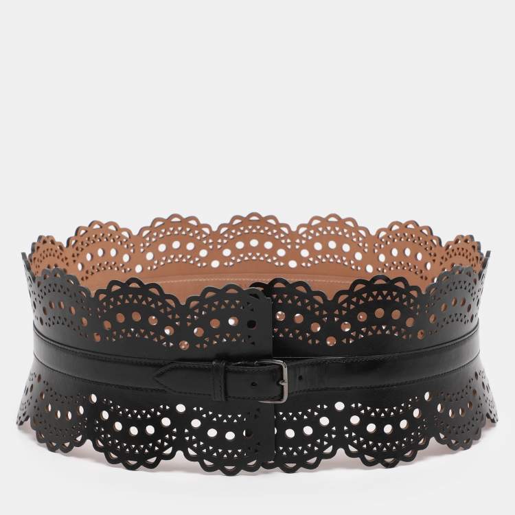 Pre Owned Alaia Black Laser Cut Leather Corset Belt 85CM