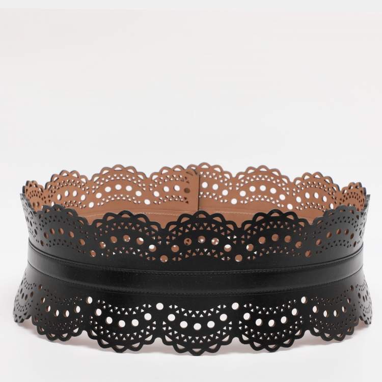 Pre Owned Alaia Black Laser Cut Leather Corset Belt 85CM