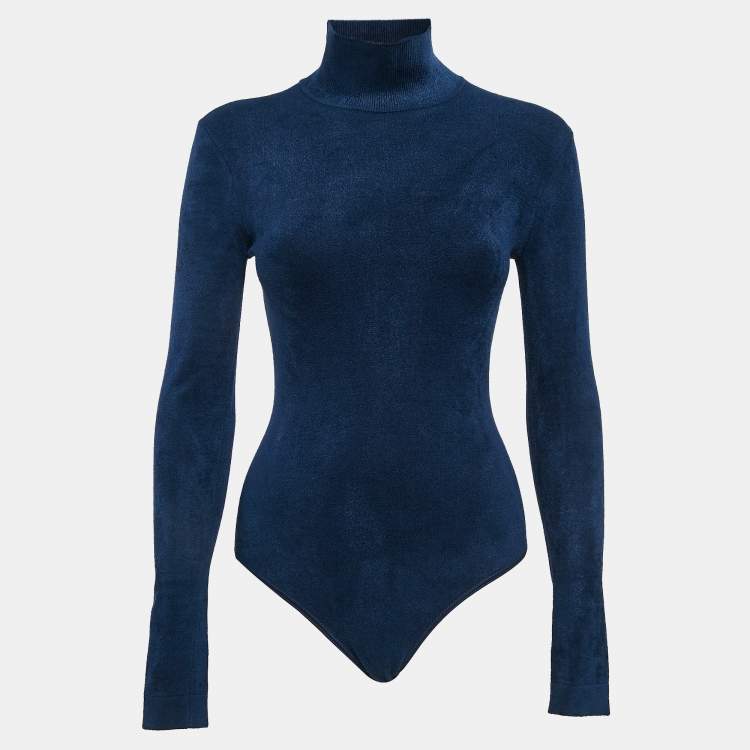 Pre Owned Alaia Blue Stretch Velvet High Neck Bodysuit S
