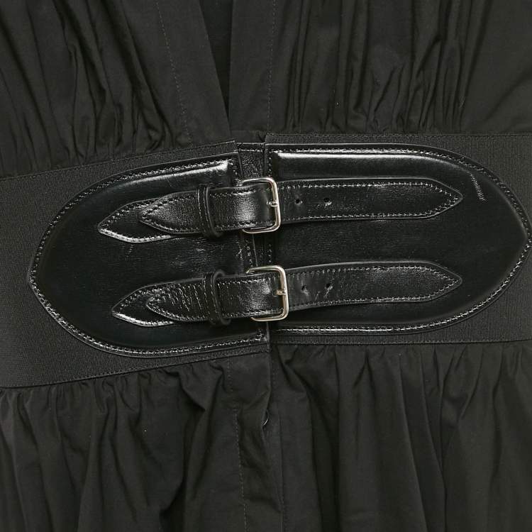 Pre Owned Alaia Black Poplin Japanese Leather Belted Dress S
