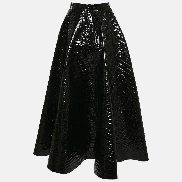 Pre Owned Alaia Black Crocodile Textured Synthetic Midi Skirt L