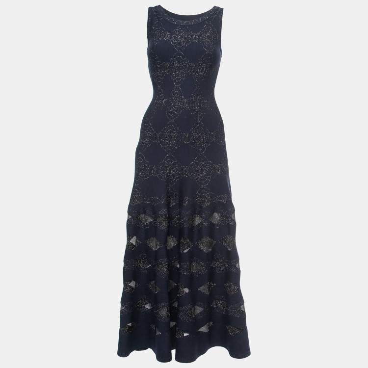 Pre Owned Alaia Midnight Blue Floral Lurex Knit Sleeveless Midi Dress XS
