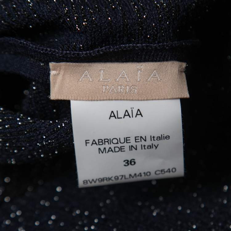 Pre Owned Alaia Midnight Blue Floral Lurex Knit Sleeveless Midi Dress XS