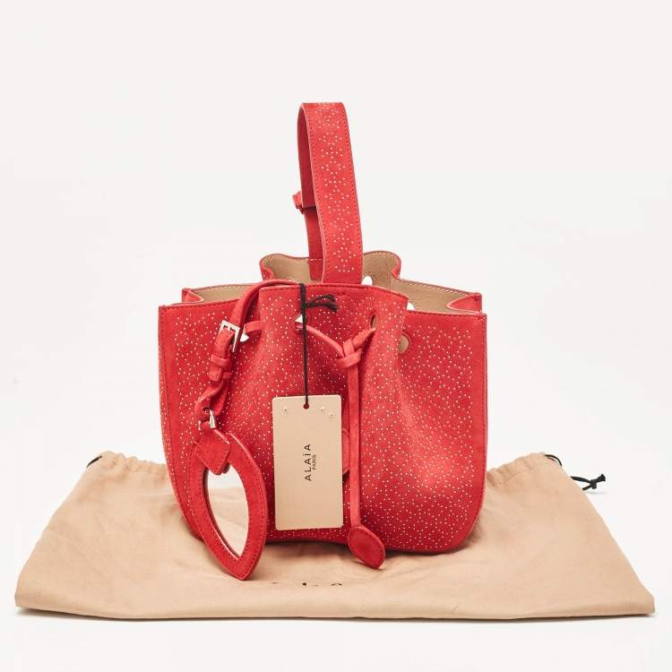 Pre Owned Alaia Red Suede Small Studded Rose Marie Bucket Bag