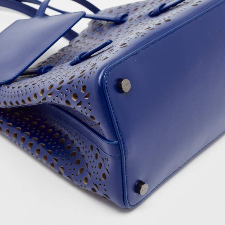 Pre Owned Alaia Blue Laser Cut Leather Le Mina 25 Tote