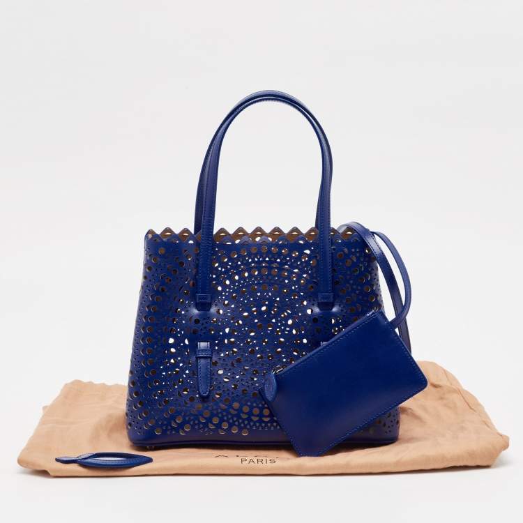 Pre Owned Alaia Blue Laser Cut Leather Le Mina 25 Tote