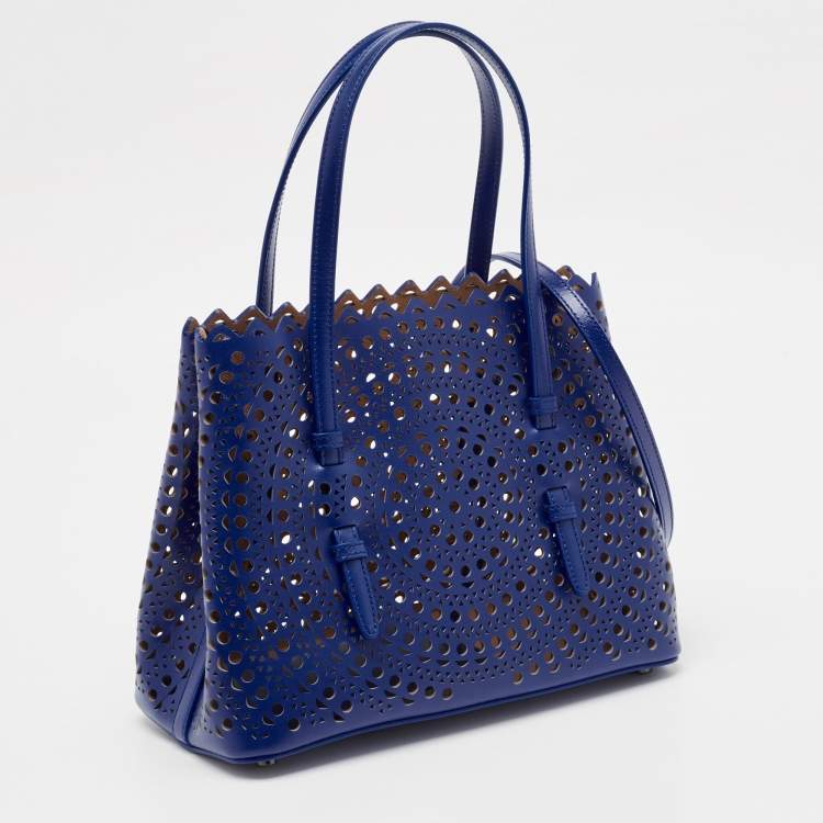 Pre Owned Alaia Blue Laser Cut Leather Le Mina 25 Tote