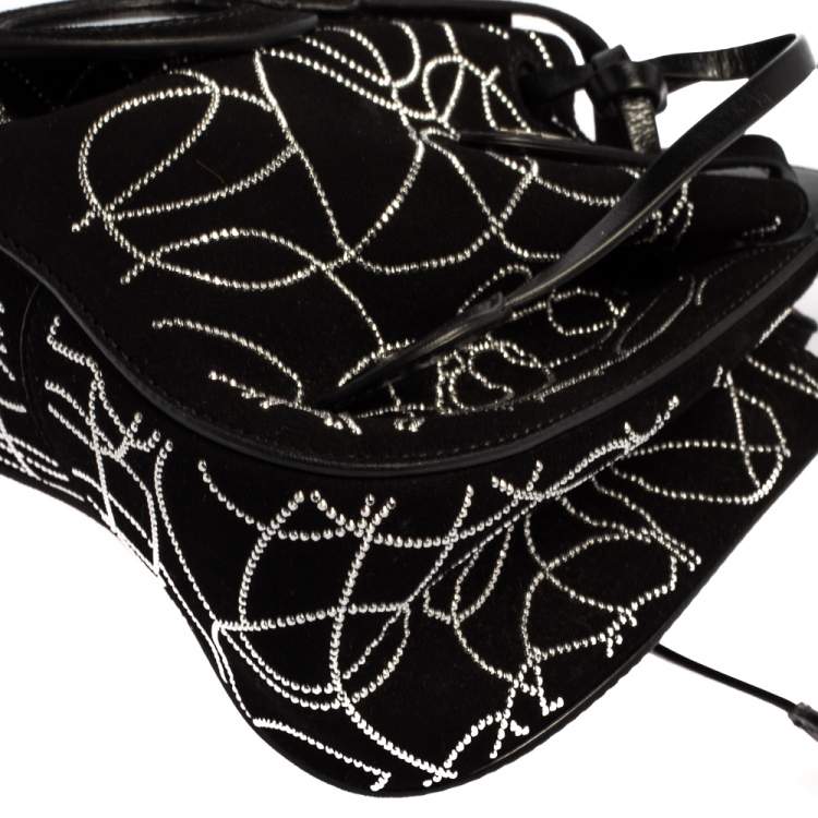 Pre Owned  Alaia Black Suede And Leather Crystal Embellished Rose Marie Mini Bucket Bag