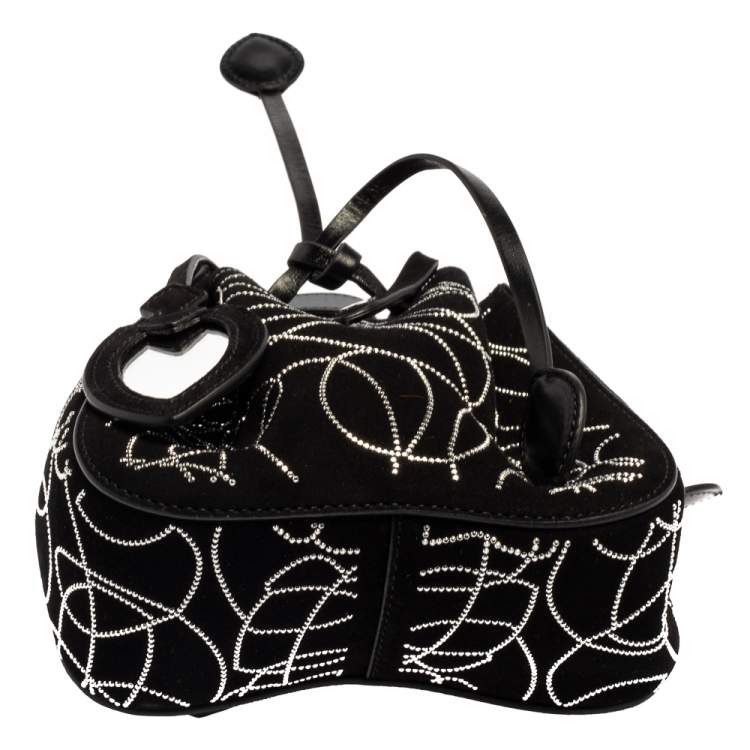 Pre Owned  Alaia Black Suede And Leather Crystal Embellished Rose Marie Mini Bucket Bag