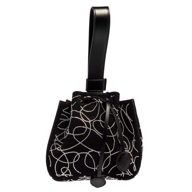 Pre Owned  Alaia Black Suede And Leather Crystal Embellished Rose Marie Mini Bucket Bag