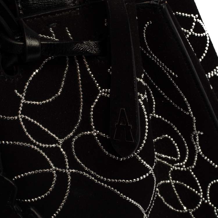 Pre Owned  Alaia Black Suede And Leather Crystal Embellished Rose Marie Mini Bucket Bag