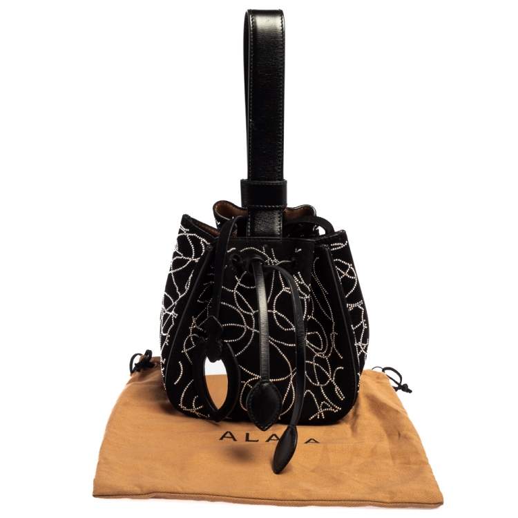 Pre Owned  Alaia Black Suede And Leather Crystal Embellished Rose Marie Mini Bucket Bag