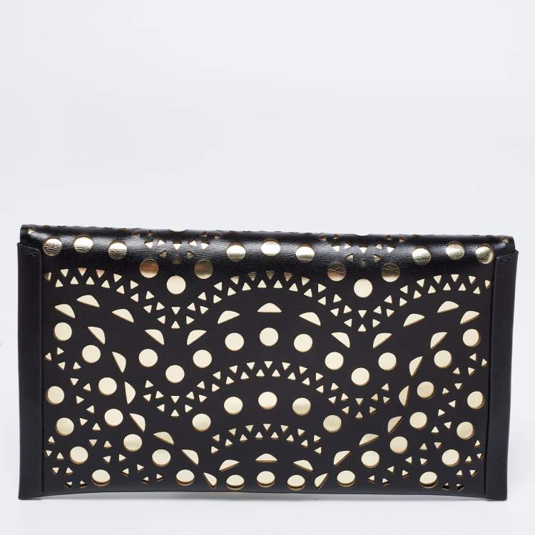 Pre Owned Alaia Black Lasercut Leather Envelope Clutch