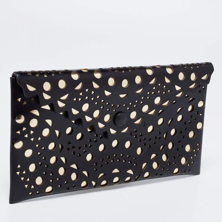 Pre Owned Alaia Black Lasercut Leather Envelope Clutch