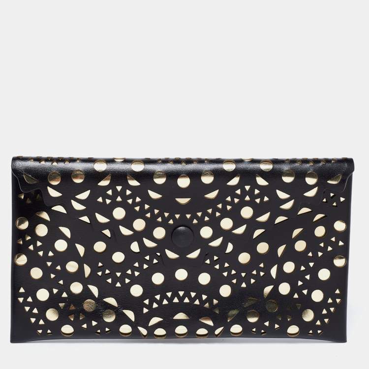 Pre Owned Alaia Black Lasercut Leather Envelope Clutch