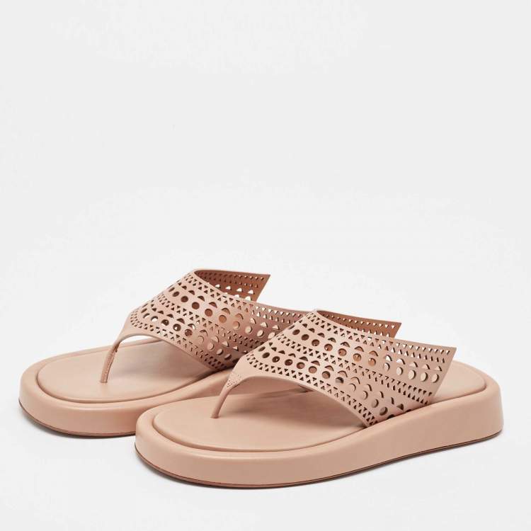 Pre Owned Alaia Beige Cut out Leather Thong Sandals  Size 38