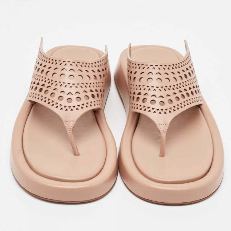 Pre Owned Alaia Beige Cut out Leather Thong Sandals  Size 38