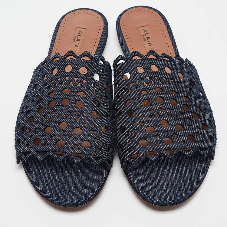 Pre Owned Alaia Navy Blue Laser Cut Denim Flat Slides Size 40