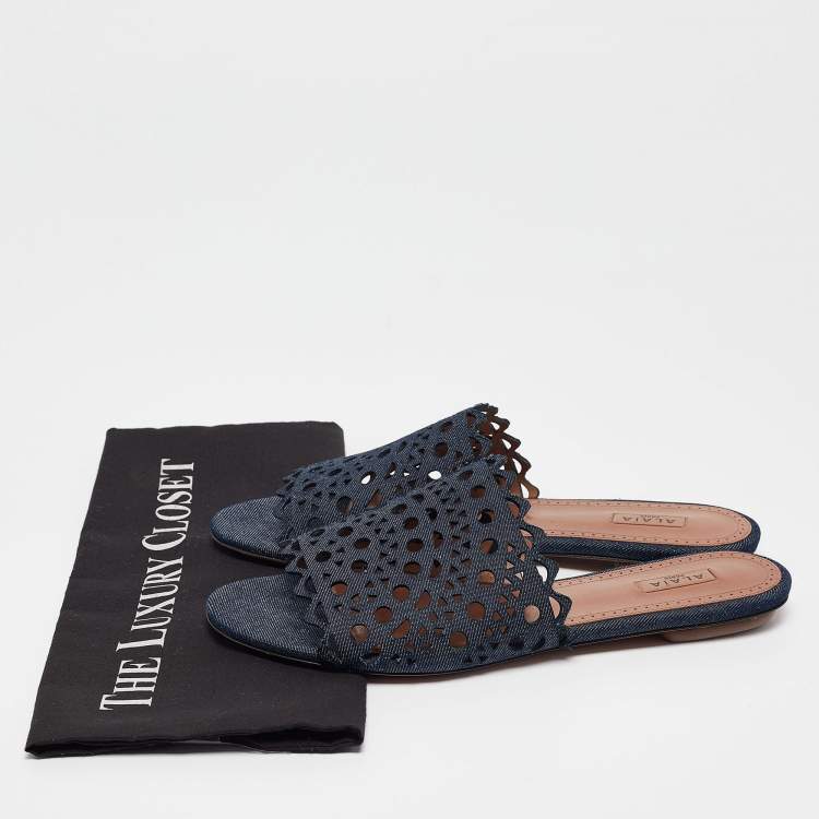 Pre Owned Alaia Navy Blue Laser Cut Denim Flat Slides Size 40