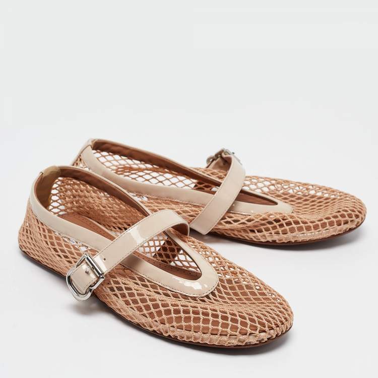 Pre Owned Alaia Beige Mesh and Patent Leather Buckle Strap Ballet Flats Size 37