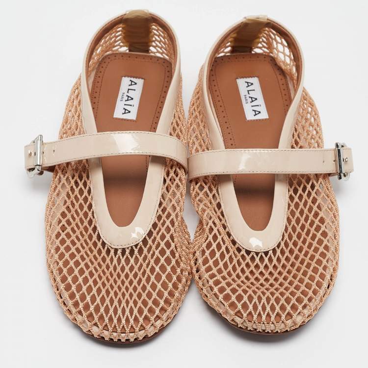 Pre Owned Alaia Beige Mesh and Patent Leather Buckle Strap Ballet Flats Size 37