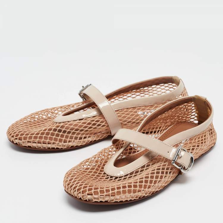 Pre Owned Alaia Beige Mesh and Patent Leather Buckle Strap Ballet Flats Size 37