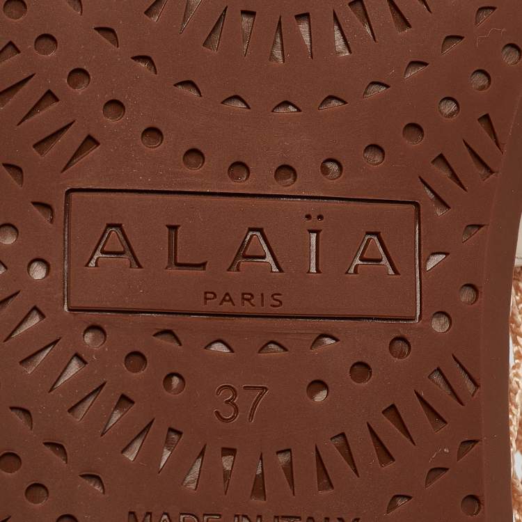 Pre Owned Alaia Beige Mesh and Patent Leather Buckle Strap Ballet Flats Size 37
