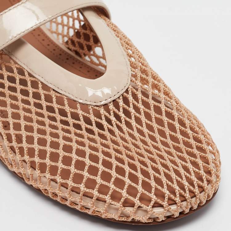 Pre Owned Alaia Beige Mesh and Patent Leather Buckle Strap Ballet Flats Size 37