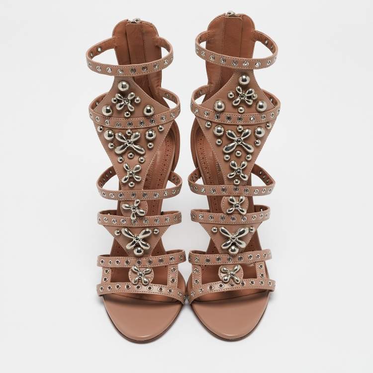 Pre Owned Alaia Beige Leather Studded Pointure Cage Sandals Size 35