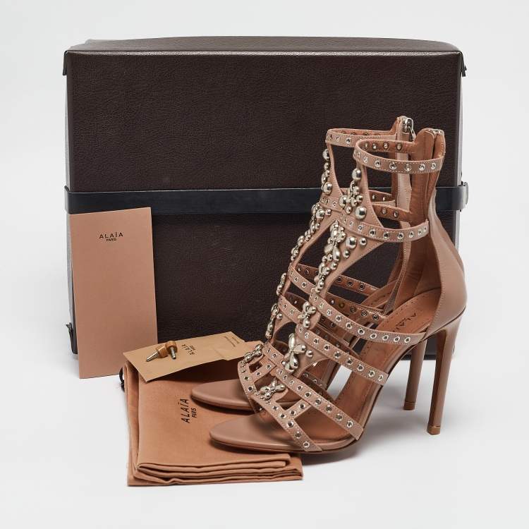 Pre Owned Alaia Beige Leather Studded Pointure Cage Sandals Size 35