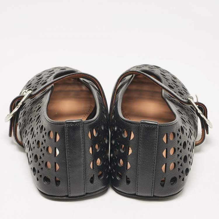 Pre Owned Alaia Black Perforated Leather Mary Jane Ballet Flats Size 37