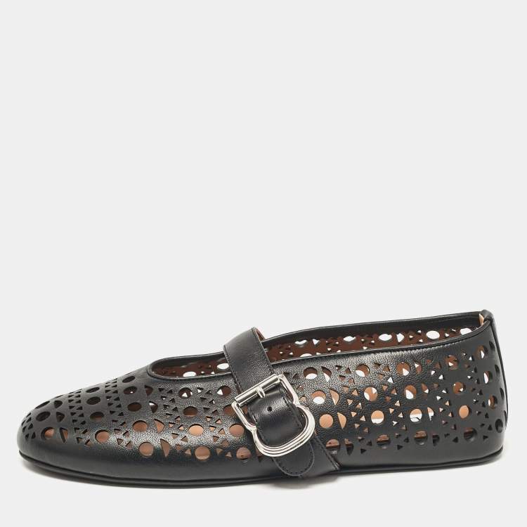 Pre Owned Alaia Black Perforated Leather Mary Jane Ballet Flats Size 37