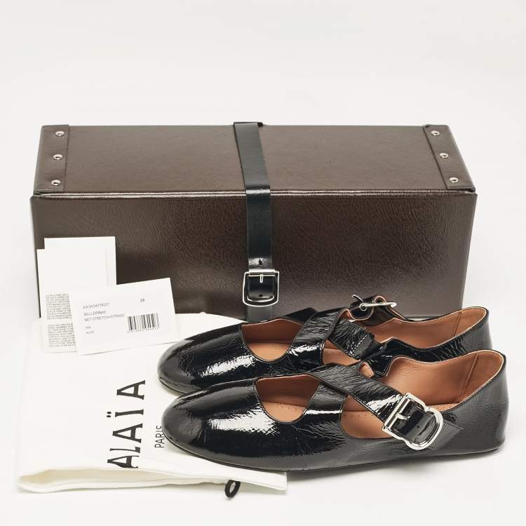 Pre Owned Alaia Black Patent Leather Criss Cross Ballet Flats Size 37